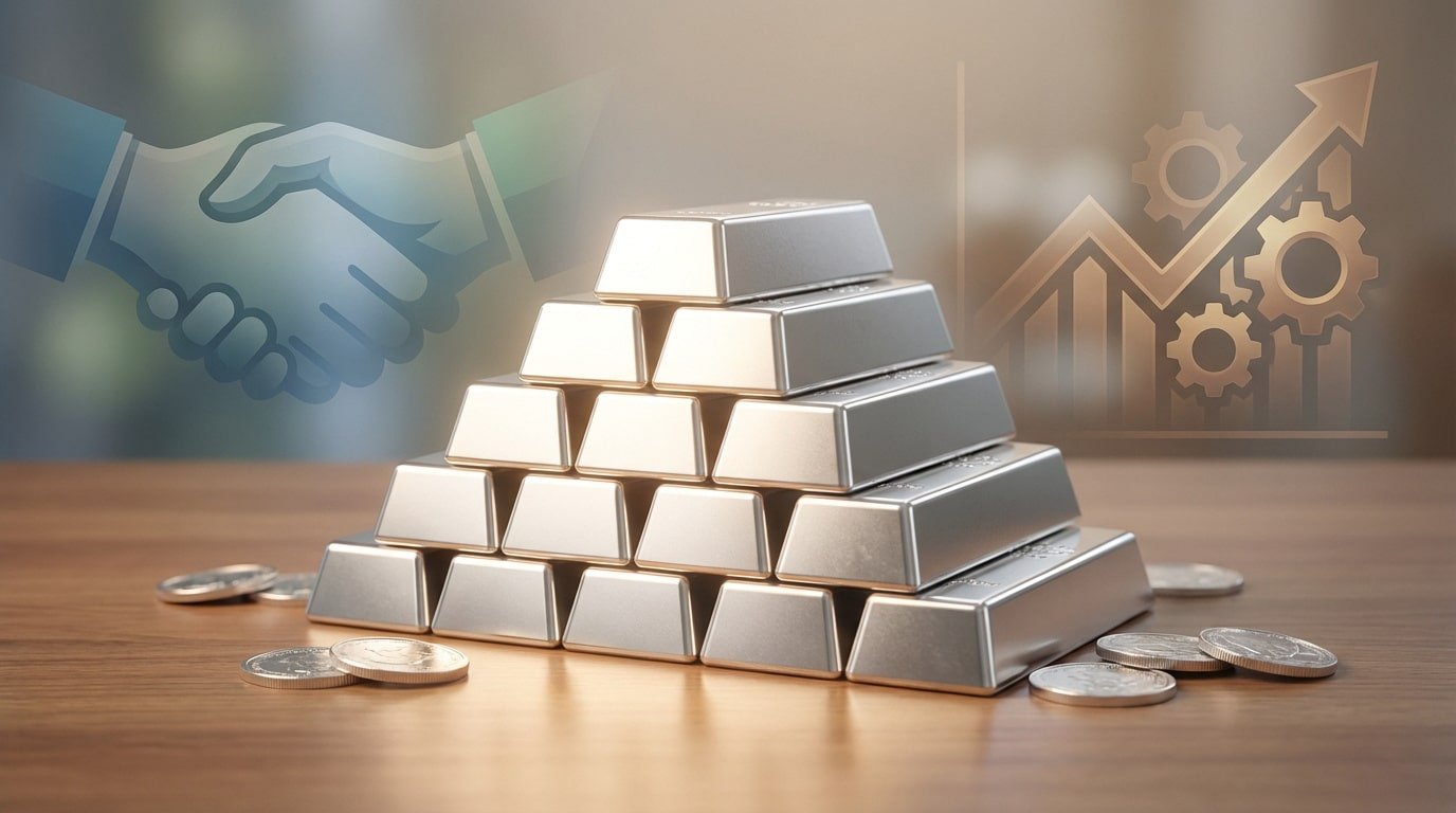 Une pyramide de lingots d'argent avec des pièces dispersées, sur fond flou d'une poignée de main et d'un graphique de croissance.