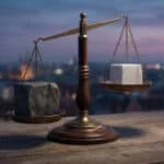 Balance antique déséquilibrée : rocher gris lourd à gauche, cube de marbre blanc léger à droite, sur table en bois, fond urbain crépusculaire.