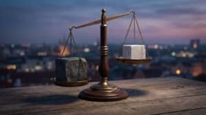 Balance antique déséquilibrée : rocher gris lourd à gauche, cube de marbre blanc léger à droite, sur table en bois, fond urbain crépusculaire.