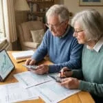 Un couple de retraités calcule ses impôts avec calculettes, formulaires et une tablette affichant un graphique de croissance financière.