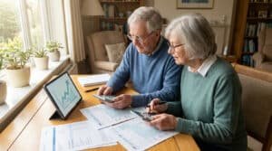 Un couple de retraités calcule ses impôts avec calculettes, formulaires et une tablette affichant un graphique de croissance financière.