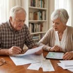 Un couple de personnes âgées est assis à une table en bois, examinant attentivement des documents fiscaux et une tablette.