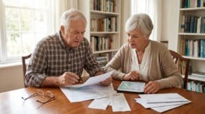 Un couple de personnes âgées est assis à une table en bois, examinant attentivement des documents fiscaux et une tablette.