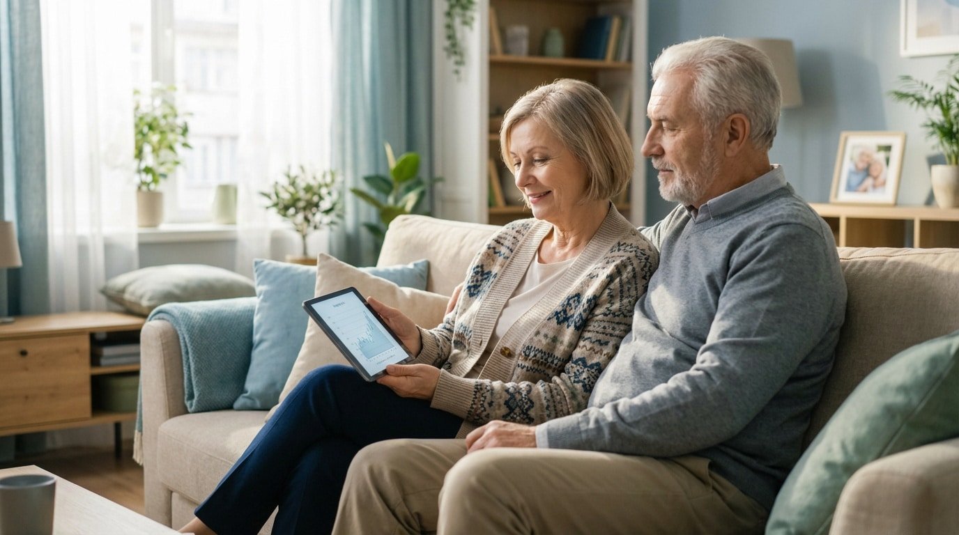 Un couple senior souriant, assis sur un canapé, consulte une tablette affichant des graphiques dans un salon lumineux et chaleureux.