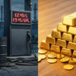 Image divisée: pompes à essence chères et barils rouillés (crise pétrolière); lingots et pièces d'or (protection patrimoine).