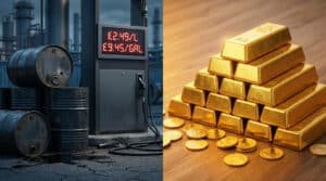 Image divisée: pompes à essence chères et barils rouillés (crise pétrolière); lingots et pièces d'or (protection patrimoine).