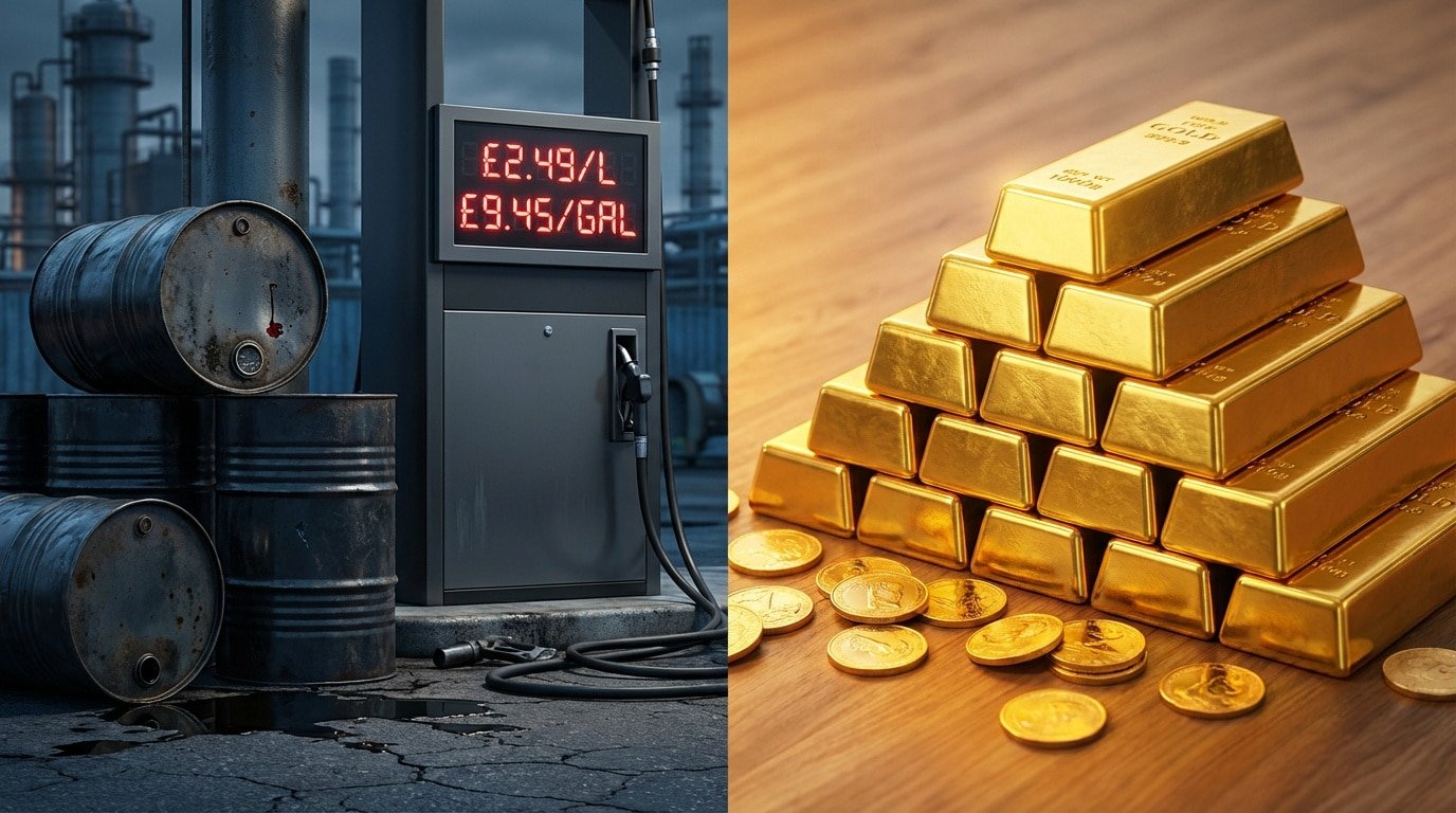 Image divisée: pompes à essence chères et barils rouillés (crise pétrolière); lingots et pièces d'or (protection patrimoine).