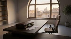 Une mallette ouverte pleine de billets sur un bureau moderne. Des documents et une chaise sont visibles, avec vue urbaine par la fenêtre.