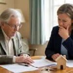 Un homme âgé et une conseillère discutent de documents de succession, avec une petite maison en bois et des clés sur la table.