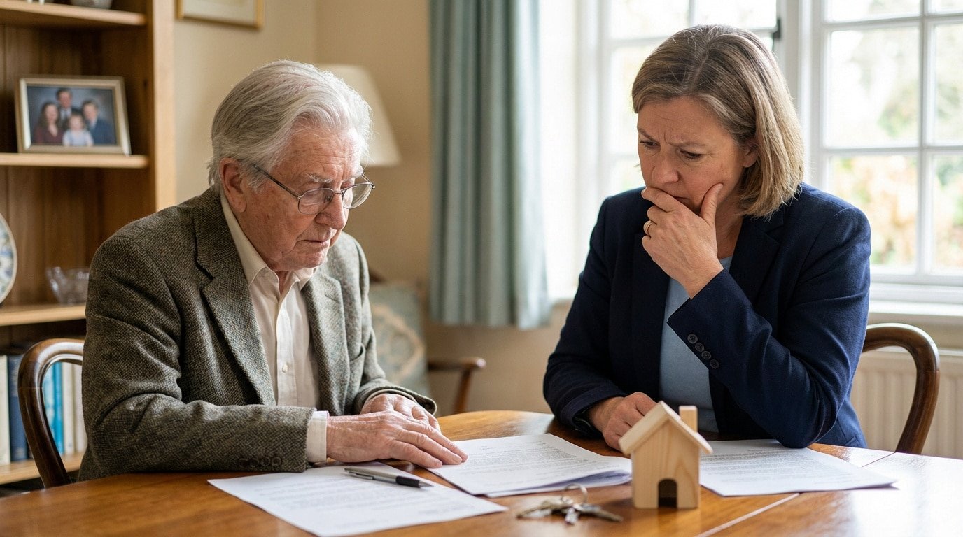 Un homme âgé et une conseillère discutent de documents de succession, avec une petite maison en bois et des clés sur la table.