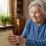 Femme âgée aux cheveux gris, vêtue d'un gilet bleu, sourit en fixant la date du 5 mai 2026 encerclée sur un calendrier.