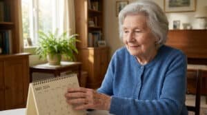 Femme âgée aux cheveux gris, vêtue d'un gilet bleu, sourit en fixant la date du 5 mai 2026 encerclée sur un calendrier.