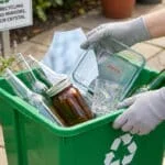 Une personne gantée dépose des objets (Pyrex, miroir, cristal) dans un bac de tri du verre. Un panneau indique les exclusions.