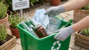 Une personne gantée dépose des objets (Pyrex, miroir, cristal) dans un bac de tri du verre. Un panneau indique les exclusions.