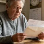 Femme âgée aux cheveux gris lisant une lettre importante avec une expression soucieuse, calendrier d'avril 2026 visible.