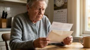 Femme âgée aux cheveux gris lisant une lettre importante avec une expression soucieuse, calendrier d'avril 2026 visible.