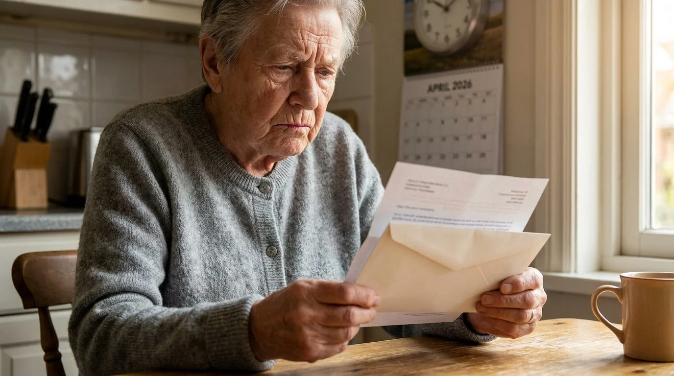 Femme âgée aux cheveux gris lisant une lettre importante avec une expression soucieuse, calendrier d'avril 2026 visible.