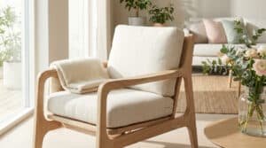 Fauteuil moderne Zara Home en bois clair avec coussins beiges et plaid, dans un salon lumineux et accueillant.