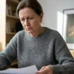 Femme d'âge mûr l'air soucieux lisant des documents financiers à une table. En arrière-plan, un graphique boursier.