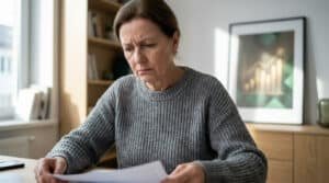 Femme d'âge mûr l'air soucieux lisant des documents financiers à une table. En arrière-plan, un graphique boursier.
