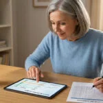 Femme mûre révisant son relevé de carrière numérique et papier pour sa retraite, assise à un bureau lumineux.