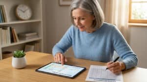 Femme mûre révisant son relevé de carrière numérique et papier pour sa retraite, assise à un bureau lumineux.