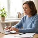 Femme âgée aux cheveux bruns, en pull bleu, tapant sur un ordinateur portable. Des papiers, un stylo et une tasse sont sur le bureau en bois.