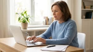Femme âgée aux cheveux bruns, en pull bleu, tapant sur un ordinateur portable. Des papiers, un stylo et une tasse sont sur le bureau en bois.
