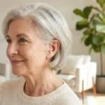 Portrait d'une femme âgée aux cheveux gris souriante, portant un appareil auditif beige discret dans son oreille droite.
