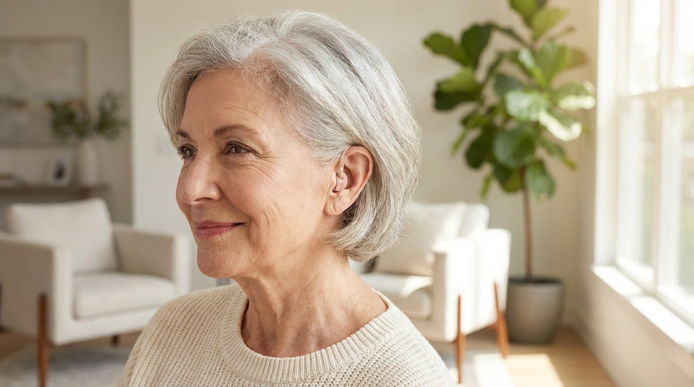 Portrait d'une femme âgée aux cheveux gris souriante, portant un appareil auditif beige discret dans son oreille droite.
