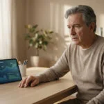 Homme mûr regardant un simulateur de retraite sur tablette, affichant des scénarios de revenus, l'air pensif ou préoccupé.