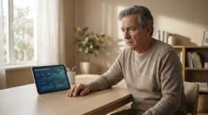 Homme mûr regardant un simulateur de retraite sur tablette, affichant des scénarios de revenus, l'air pensif ou préoccupé.