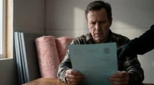 Un homme préoccupé examine un document bleu, une main gantée près de lui. Des rouleaux d'isolant rose sont en arrière-plan.