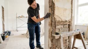Femme en gants de travail inspectant un mur ancien dénudé, révélant la structure interne (briques, bois) lors de travaux.