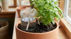 Un bocal d'eau avec une mèche irrigant un pot de basilic sur un rebord de fenêtre, montrant un système d'arrosage par capillarité.
