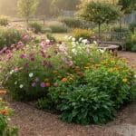 Jardin luxuriant rempli de cosmos roses et zinnias oranges, une allée de gravier et un banc en bois sous une lumière douce.