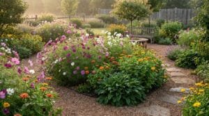 Jardin luxuriant rempli de cosmos roses et zinnias oranges, une allée de gravier et un banc en bois sous une lumière douce.