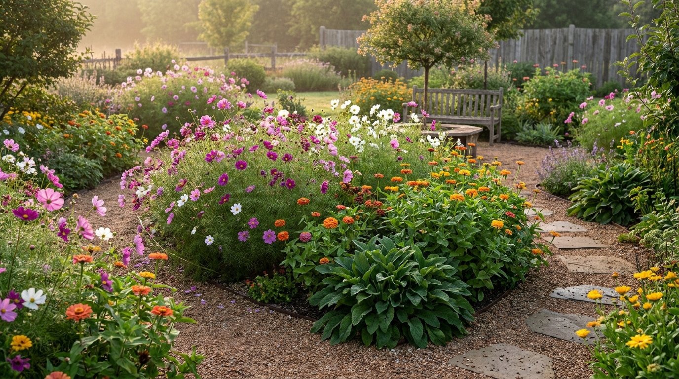Jardin luxuriant rempli de cosmos roses et zinnias oranges, une allée de gravier et un banc en bois sous une lumière douce.