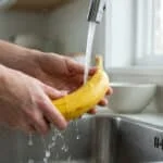 Deux mains lavent une banane jaune sous l'eau courante d'un robinet de cuisine en acier inoxydable, au-dessus d'un évier.