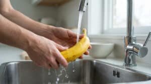 Deux mains lavent une banane jaune sous l'eau courante d'un robinet de cuisine en acier inoxydable, au-dessus d'un évier.