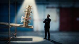 Homme en costume face à une pile chancelante de monnaie sur un échafaudage, symbolisant la dette publique et son instabilité.