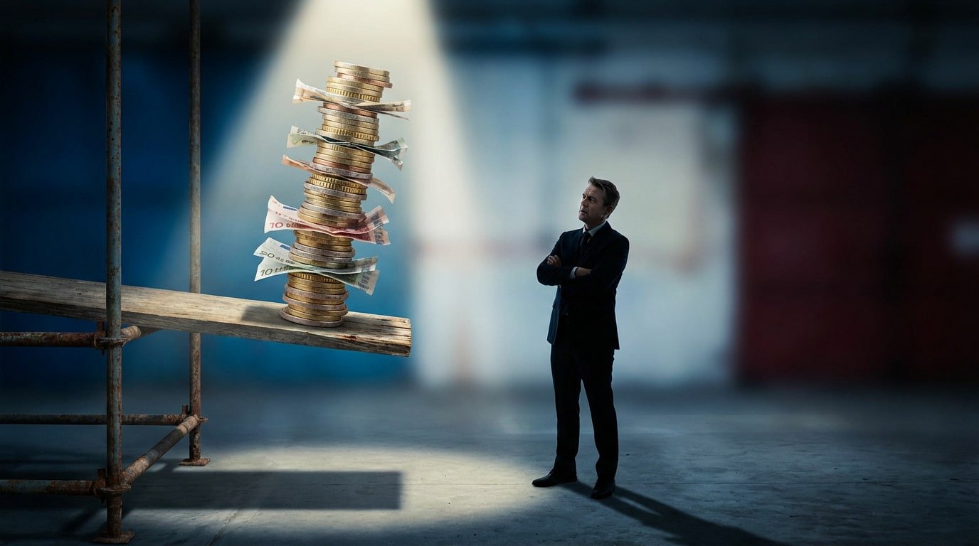 Homme en costume face à une pile chancelante de monnaie sur un échafaudage, symbolisant la dette publique et son instabilité.