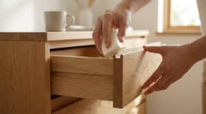 Gros plan sur des mains frottant un pain de savon blanc sur la glissière en bois d'un tiroir ouvert. Une astuce pour le débloquer.