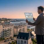 Homme à Brest consulte le marché immobilier sur une tablette holographique, avec vue sur la ville, le port et un phare au coucher du soleil.