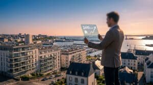 Homme à Brest consulte le marché immobilier sur une tablette holographique, avec vue sur la ville, le port et un phare au coucher du soleil.