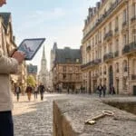 Homme avec tablette affichant une baisse de marché dans une rue de Rouen. Une clé dorée repose au premier plan, symbolisant l'immobilier.