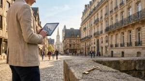 Homme avec tablette affichant une baisse de marché dans une rue de Rouen. Une clé dorée repose au premier plan, symbolisant l'immobilier.