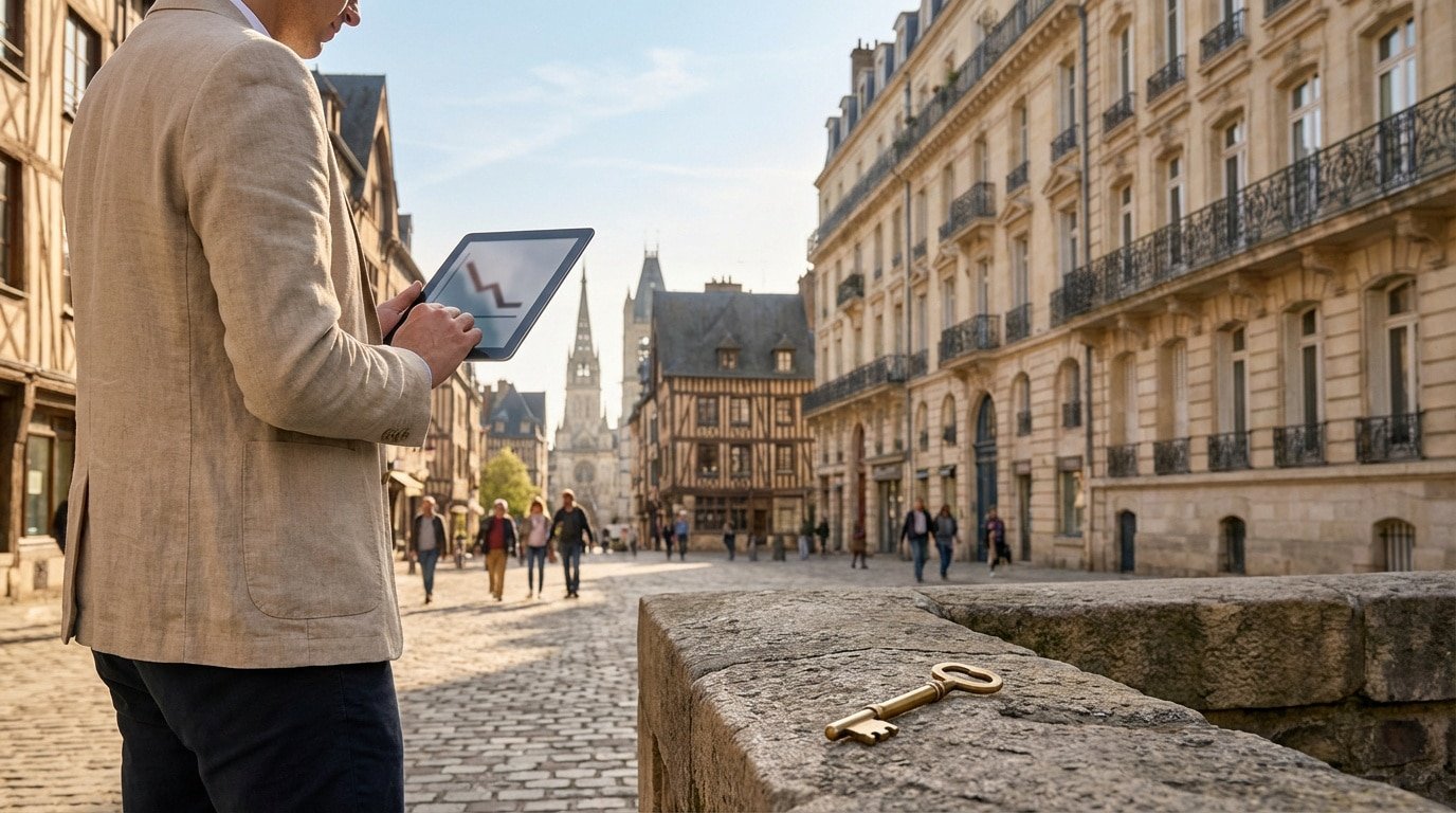 Homme avec tablette affichant une baisse de marché dans une rue de Rouen. Une clé dorée repose au premier plan, symbolisant l'immobilier.