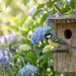 Mésange charbonnière sur nichoir en bois ancien au milieu de lavandes et hortensias bleus. Un insecte vole en arrière-plan.