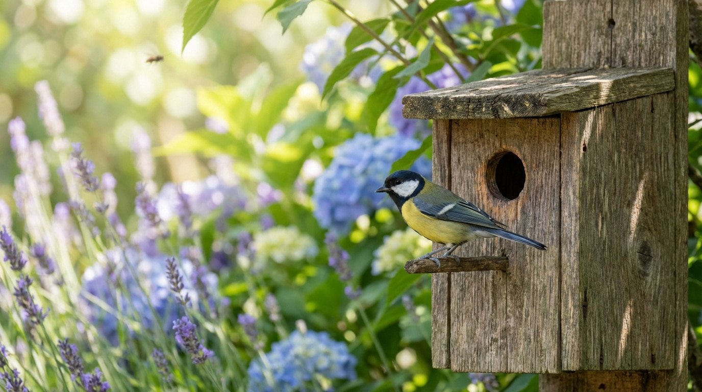 Mésange charbonnière sur nichoir en bois ancien au milieu de lavandes et hortensias bleus. Un insecte vole en arrière-plan.